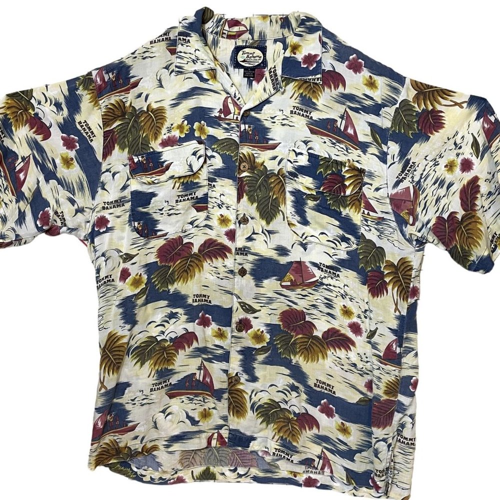 Tommy Bahama Yellow and Blue Sailboat Print Men's Short Sleeve Hawaiian Shirt M